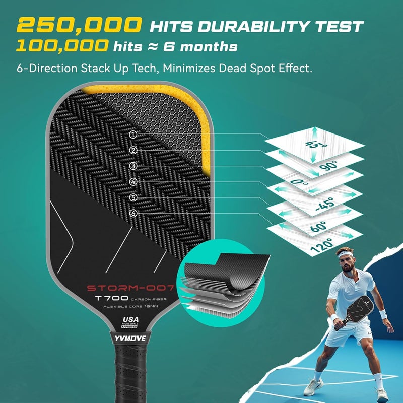 YVMOVE مضرب بيكلبول بسطح من ألياف الكربون الخام T700 ونواة بوليمر STR-Core بسمك 16 مم، مضرب بيكل بول متميز مصمم لتحقيق أقصى دوران وثبات، معتمد من USAPA - Image 3